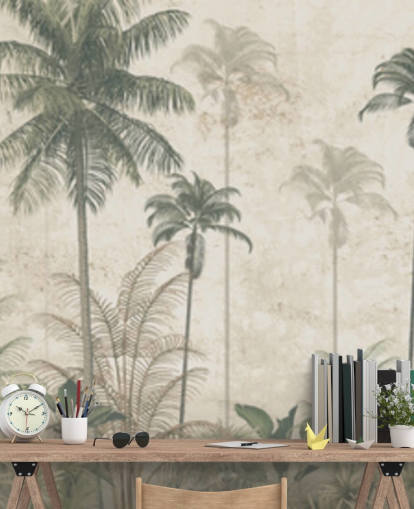 Panoramic vintage jungle wallpaper with a beige hazy background and tall muted green palm trees