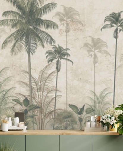 Panorama vintage jungle tapet med en beige diset baggrund og høje dæmpede grønne palmer Panorama vintage jungle tapet med en beige diset baggrund og høje dæmpede grønne palmer