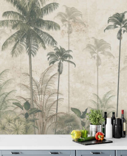 Panoramic vintage jungle wallpaper with a beige hazy background and tall muted green palm trees