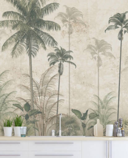 Panorama vintage djungel tapet med en beige disig bakgrund och höga dämpade gröna palmer