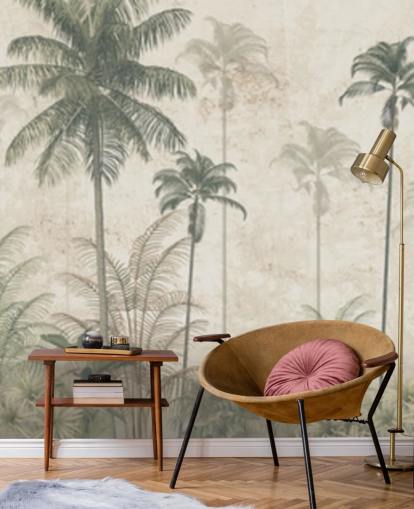 Panorama vintage djungel tapet med en beige disig bakgrund och höga dämpade gröna palmer