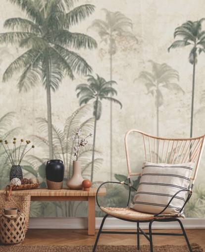 Panorama vintage jungle tapet med en beige diset baggrund og høje dæmpede grønne palmer