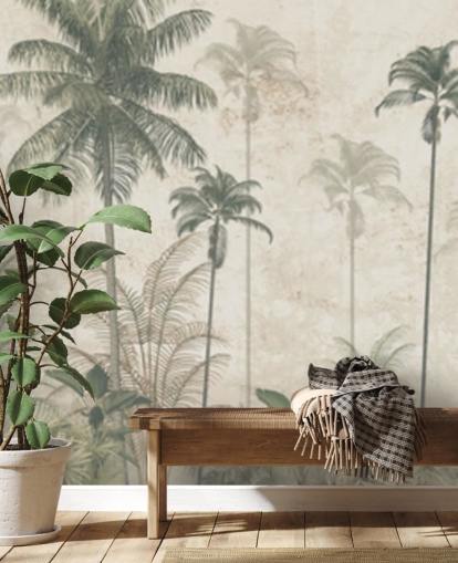 Panoramic vintage jungle wallpaper with a beige hazy background and tall muted green palm trees