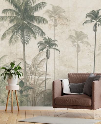 Panorama vintage jungle tapet med en beige diset baggrund og høje dæmpede grønne palmer