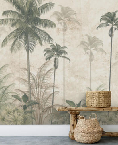 Panoramautsikt vintage jungel tapet med en beige disig bakgrunn og høye dempede grønne palmer Panoramautsikt vintage jungel tapet med en beige disig bakgrunn og høye dempede grønne palmer