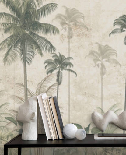 Panoramic vintage jungle wallpaper with a beige hazy background and tall muted green palm trees