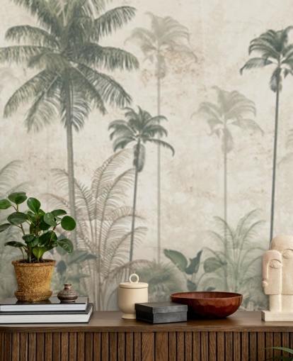 Panoramic vintage jungle wallpaper with a beige hazy background and tall muted green palm trees