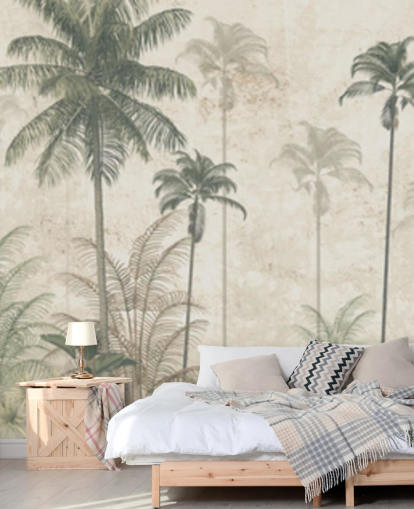 Panoramic vintage jungle wallpaper with a beige hazy background and tall muted green palm trees