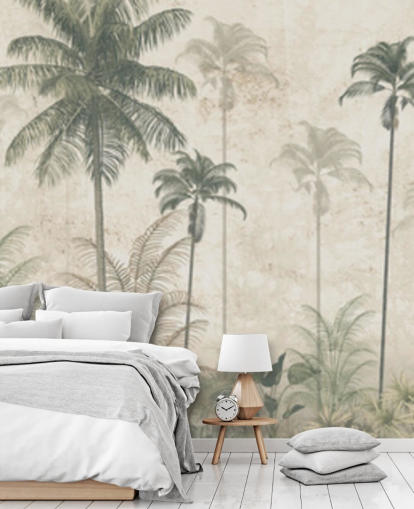 Panoramautsikt vintage jungel tapet med en beige disig bakgrunn og høye dempede grønne palmer Panoramautsikt vintage jungel tapet med en beige disig bakgrunn og høye dempede grønne palmer