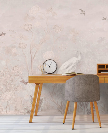 Light pink faded vintage wallpaper in a chinoiserie style with soft grownig vines and white crane birds and peacocks Light pink faded vintage wallpaper in a chinoiserie style with soft grownig vines and white crane birds and peacocks