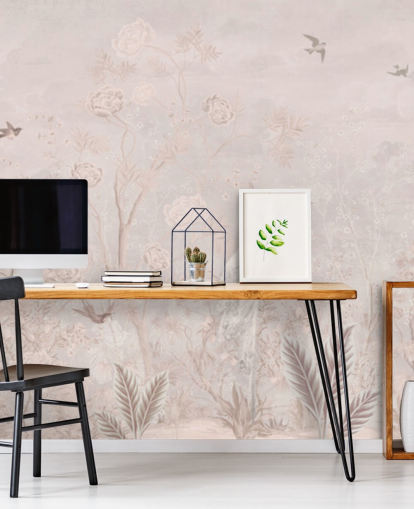 Light pink faded vintage wallpaper in a chinoiserie style with soft grownig vines and white crane birds and peacocks