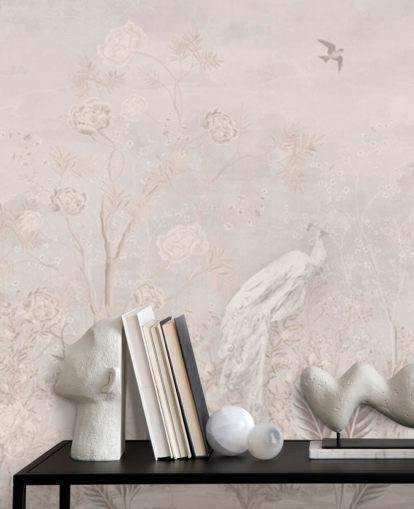 Light pink faded vintage wallpaper in a chinoiserie style with soft grownig vines and white crane birds and peacocks Light pink faded vintage wallpaper in a chinoiserie style with soft grownig vines and white crane birds and peacocks