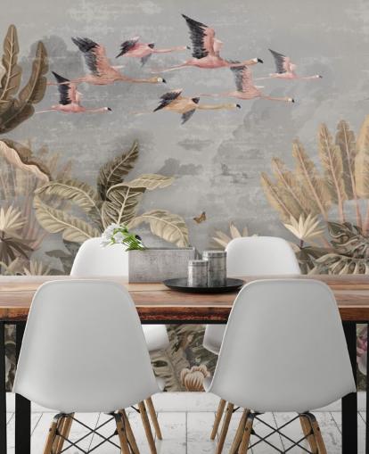 Beige och gröna palmer och djungelträd med rosa blommor, flygande rosa flamingo med en grå himmel tapet