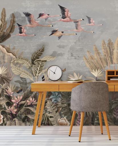 Beige and green palm trees and jungle trees with pink flowers, flying pink flamingo with a gray sky wallpaper