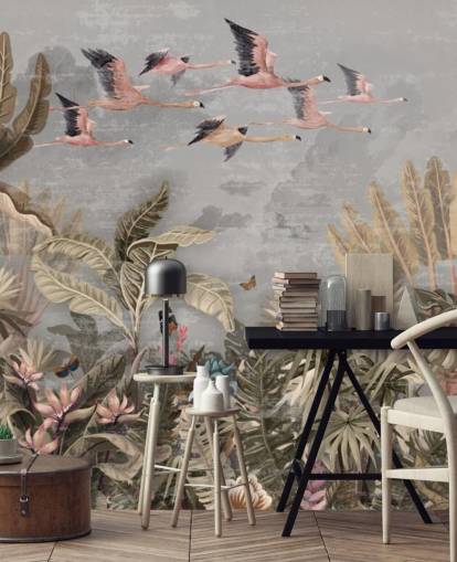 Beige and green palm trees and jungle trees with pink flowers, flying pink flamingo with a grey sky wallpaper