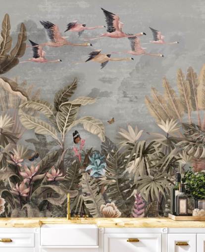 Beige and green palm trees and jungle trees with pink flowers, flying pink flamingo with a grey sky wallpaper