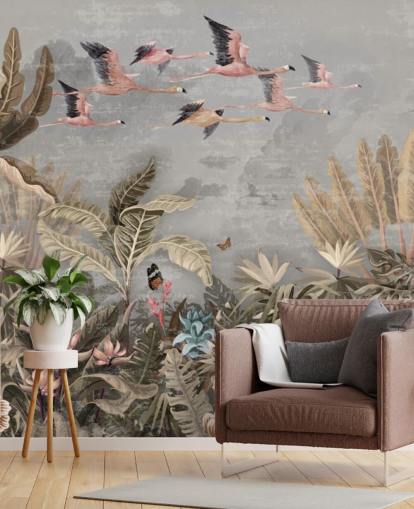 Beige and green palm trees and jungle trees with pink flowers, flying pink flamingo with a grey sky wallpaper