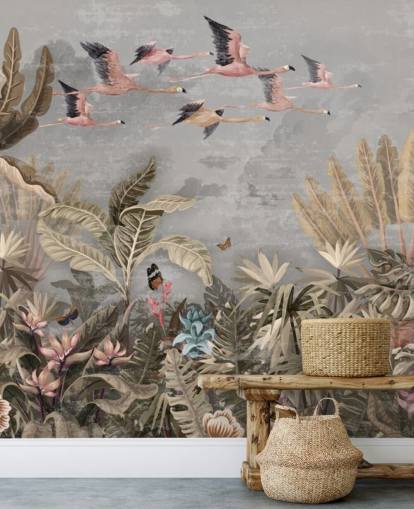 Beige and green palm trees and jungle trees with pink flowers, flying pink flamingo with a grey sky wallpaper