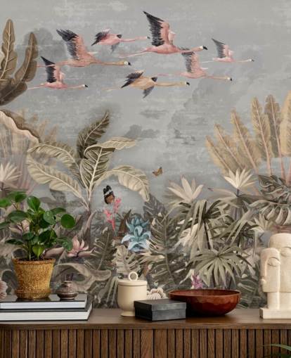 Beige and green palm trees and jungle trees with pink flowers, flying pink flamingo with a gray sky wallpaper Beige and green palm trees and jungle trees with pink flowers, flying pink flamingo with a gray sky wallpaper