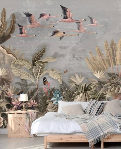 Beige och gröna palmer och djungelträd med rosa blommor, flygande rosa flamingo med en grå himmel tapet