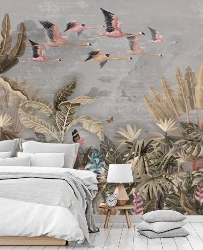 Beige and green palm trees and jungle trees with pink flowers, flying pink flamingo with a grey sky wallpaper
