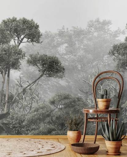 Muted green jungle trees wallpaper