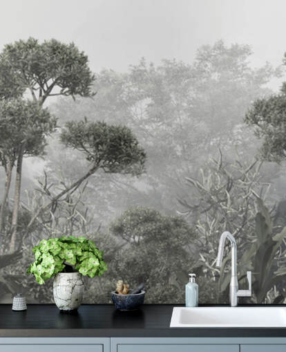 Muted green jungle trees wallpaper