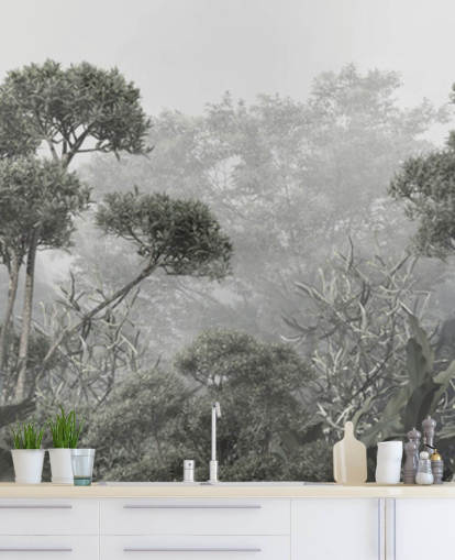 Behang met gedempte groene junglebomen