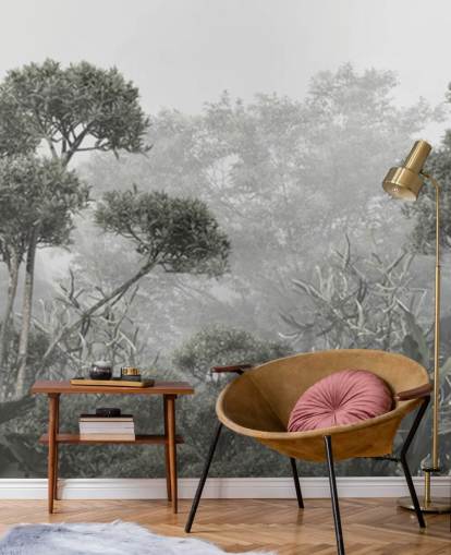 Behang met gedempte groene junglebomen Behang met gedempte groene junglebomen