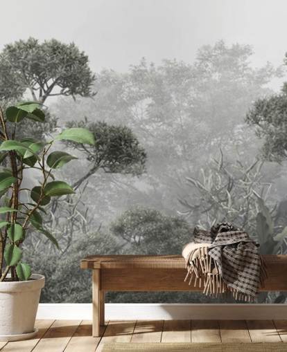 Muted green jungle trees wallpaper