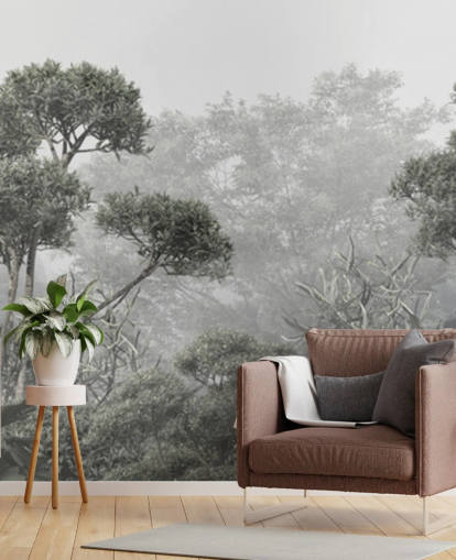 Muted green jungle trees wallpaper