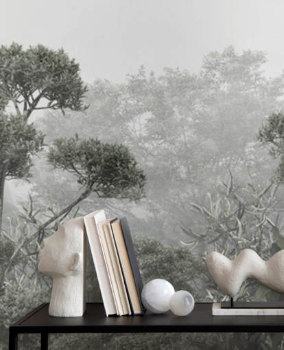 Muted green jungle trees wallpaper