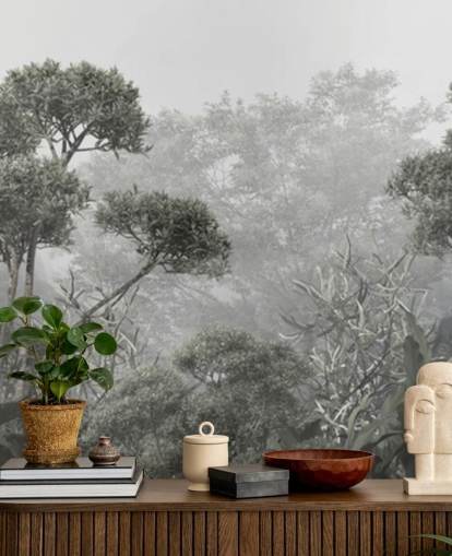 Carta da parati verde tenue con alberi della giungla