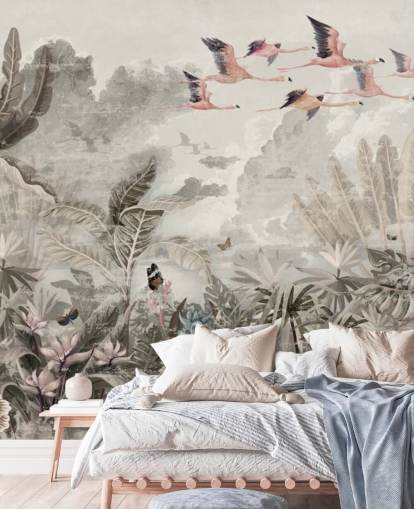 Carta da parati con palme verdi tenui e alberi della giungla con fiori rosa chiaro e fenicotteri rosa volanti Carta da parati con palme verdi tenui e alberi della giungla con fiori rosa chiaro e fenicotteri rosa volanti