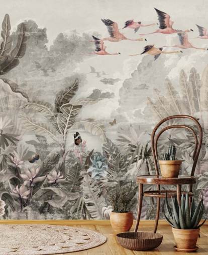 Dæmpede grønne palmer og jungle træer med lyserøde blomster og flyvende lyserøde flamingo fugle tapet Dæmpede grønne palmer og jungle træer med lyserøde blomster og flyvende lyserøde flamingo fugle tapet