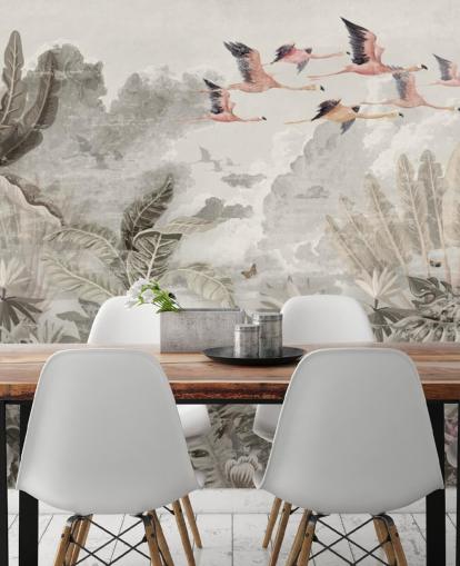 Muted green palm trees and jungle trees with light pink flowers and flying pink flamingo birds wallpaper