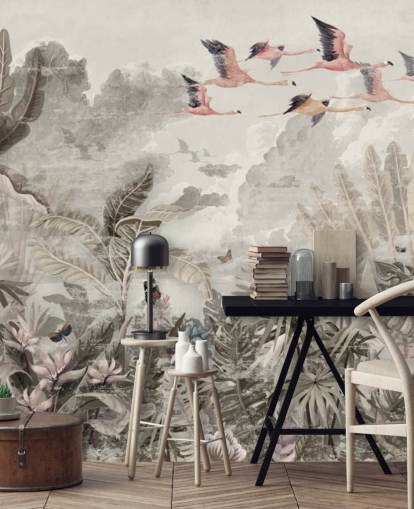 Muted green palm trees and jungle trees with light pink flowers and flying pink flamingo birds wallpaper Muted green palm trees and jungle trees with light pink flowers and flying pink flamingo birds wallpaper