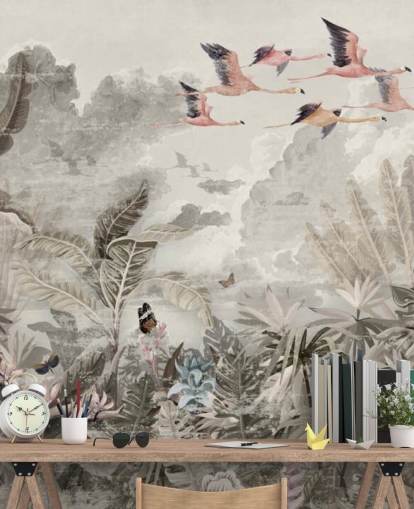 Gedämpfte grüne Palmen und Dschungelbäume mit hellrosa Blumen und fliegenden pinken Flamingovogel-Tapeten