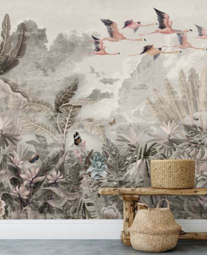Papel pintado de palmeras verdes apagadas y árboles de la selva con flores de color rosa claro y pájaros flamencos de color rosa volador