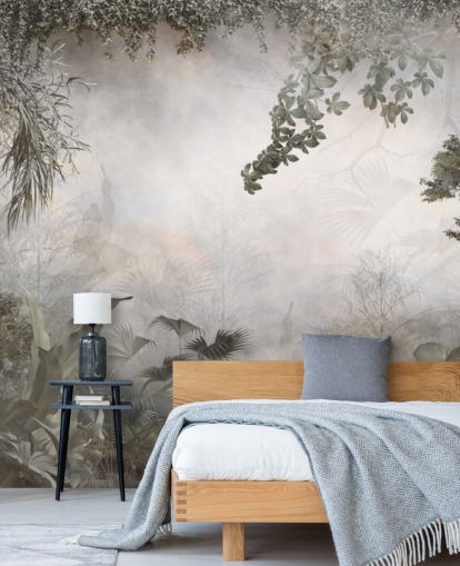 Gedempte groene junglebomen en -struiken omlijst rond een wit achtergrondbehang Gedempte groene junglebomen en -struiken omlijst rond een wit achtergrondbehang