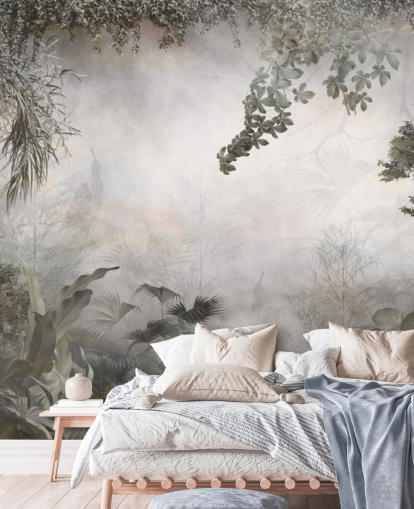 Arbres et buissons verts discrets de la jungle encadrés autour d'un papier peint sur fond blanc