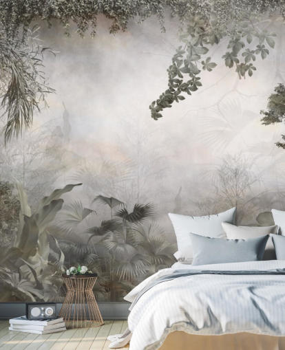 Muted green jungle trees and bushes framed around a white background wallpaper