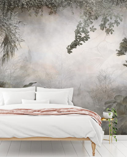 Muted green jungle trees and bushes framed around a white background wallpaper Muted green jungle trees and bushes framed around a white background wallpaper