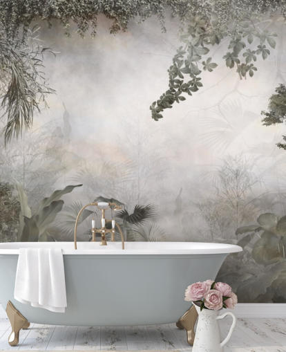 Muted green jungle trees and bushes framed around a white background wallpaper