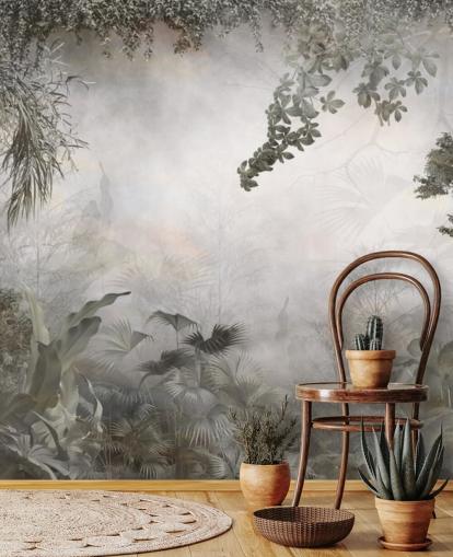 Arbres et buissons verts discrets de la jungle encadrés autour d'un papier peint sur fond blanc