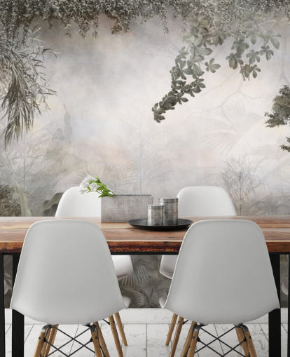 Gedämpfte grüne Dschungelbäume und Sträucher, umrahmt von einer weißen Hintergrundtapete