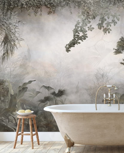 Dempede grønne jungeltrær og busker innrammet rundt en hvit bakgrunn bakgrunn