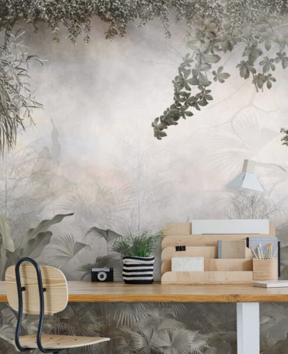 Árboles y arbustos de la selva verde apagados enmarcados alrededor de un fondo de pantalla blanco Árboles y arbustos de la selva verde apagados enmarcados alrededor de un fondo de pantalla blanco