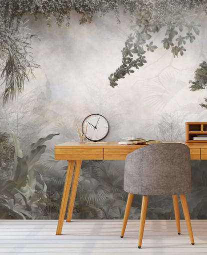 Gedämpfte grüne Dschungelbäume und Sträucher, umrahmt von einer weißen Hintergrundtapete