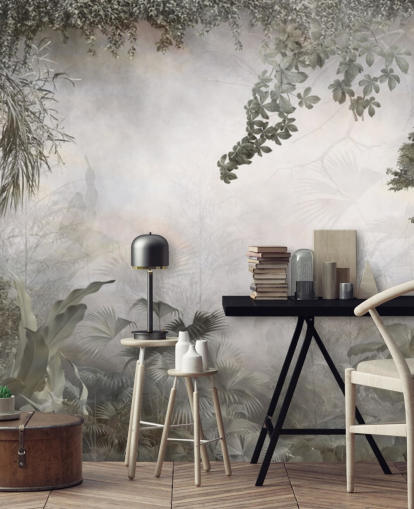 Gedempte groene junglebomen en -struiken omlijst rond een wit achtergrondbehang